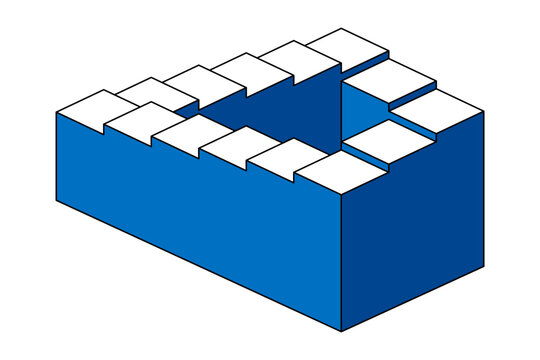 Penrose stairs, Penrose steps, or also impossible staircase, an impossible object and optical illusion. Two dimensional depiction of a staircase, forming a continuous loop. Isolated illustration.