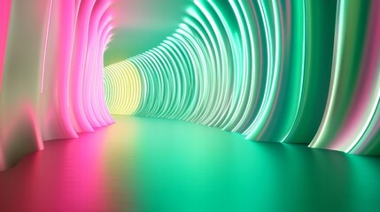 Abstract retro futuristic background featuring a neon green and pink tunnel with glowing lines. Represents innovation, technology, energy, and progress.