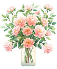 Obraz premium A vibrant bouquet of pink peonies with green leaves arranged elegantly in a clear vase.