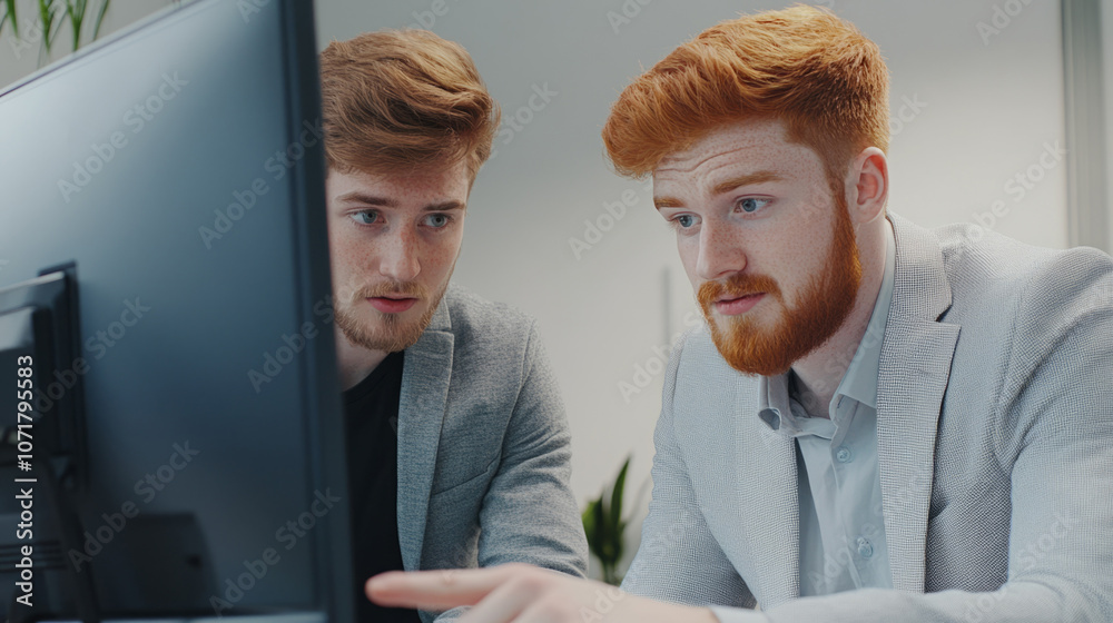 Poster two men are looking at a computer monitor