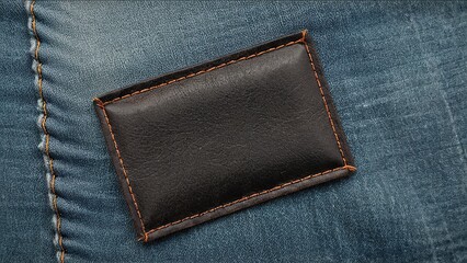 Close-up of a black leather label on jeans, showcasing quality texture
