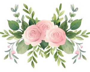 Fototapeta premium A delicate watercolor illustration featuring three pink roses surrounded by lush green leaves and small pink flowers.