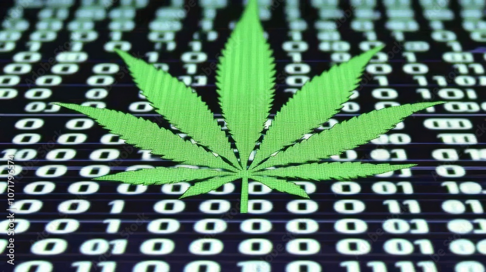 Poster digital cannabis leaf on binary code background