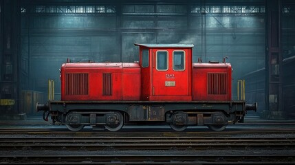 A vibrant red cargo train rests among the tracks in an industrial railway yard, illuminated by midday light