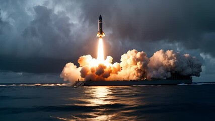 Rocket Launch Over Ocean with Smoke and Flames