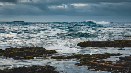 Obraz premium Moody seascape featuring gentle waves rolling over rocky shorelines and seaweed, under a dramatic overcast sky, capturing the serene beauty of the ocean.