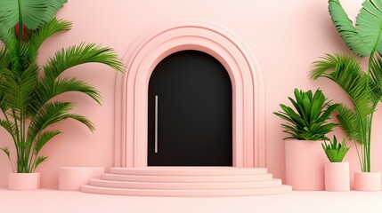 Fototapeta premium Pink Archway Minimalist Doorway with Palm Trees and Plants