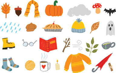 Crayon autumn cute kid colorful doodle badge, fall seasonal scribble line heart. Hand drawn doodle sketch childish element set. yellow, leaf cloud children draw style design elements