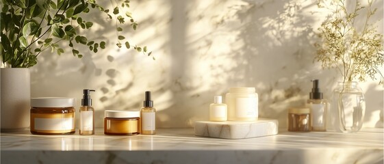 natural skincare with herbal botanical ingredients in reusable glass jars and pump bottles, marble countertop 