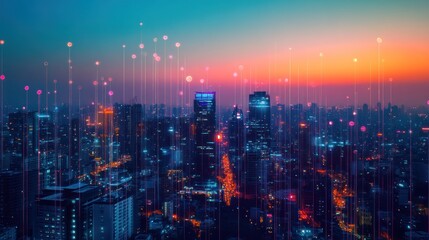 Obraz premium A vibrant cityscape at dusk with digital elements overlaying the skyline.