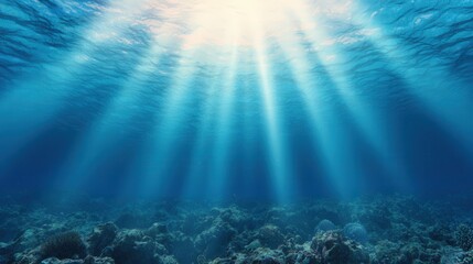 Naklejka premium Underwater Sunlight Beams Ocean Floor Deep Blue Sea Coral Reef Background
