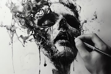 Artistic ink drawing, monochrome