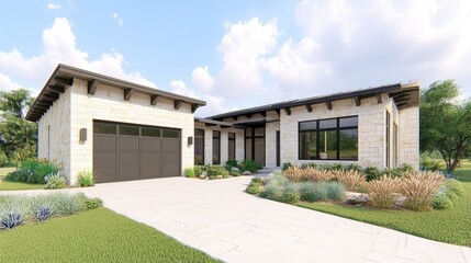 Modern Stone House with Lush Landscape