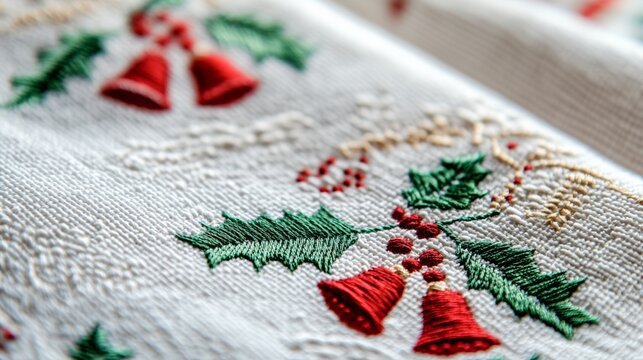 Festive napkin adorned with red green Christmas motifs, featuring holly leaves, berries, snowflakes.