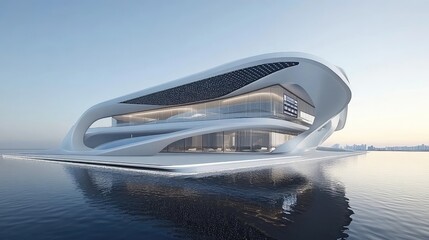 Obraz premium Modern Architectural Design by Water in Sunrise Light