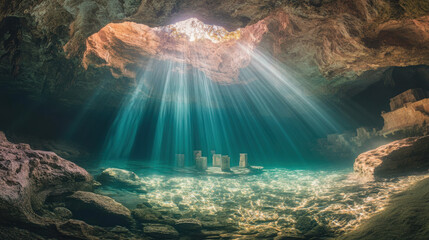 Obraz premium Sunlit underwater cave with rays illuminating ancient stone columns in turquoise water