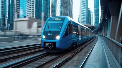 Naklejka premium A blue electric train glides through a modern city center with towering glass buildings on a bright day