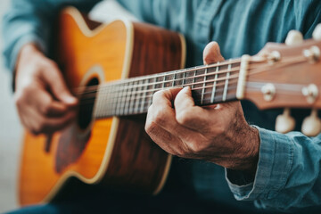 Obraz premium A close-up of a person playing an acoustic guitar, showcasing their hands as they strum the strings, creating a warm musical atmosphere.