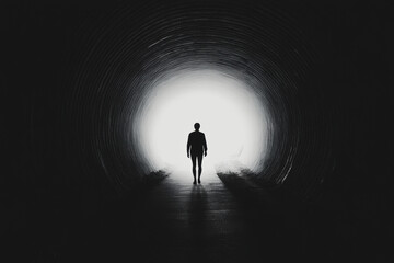 Fototapeta premium A lone figure stands in a dark tunnel, illuminated by a bright light at the end, symbolizing hope or transition.