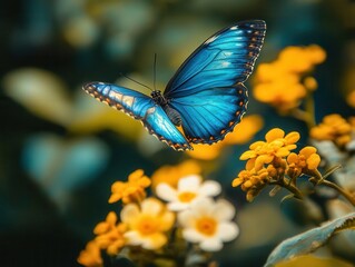 close-up portrait of a beautiful blue butterfly in flight, showcasing its delicate wings and vibrant colors, depicting grace and the beauty of nature in full bloom
