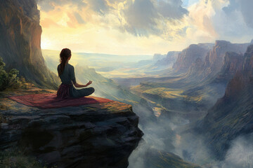 Obraz premium A serene scene of a person meditating on a cliff, overlooking a vast valley at sunset, surrounded by mountains and soft, atmospheric clouds.