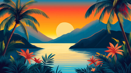 Obraz premium Sunset over tropical beach with palm trees and ocean view