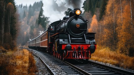 Fototapeta premium A vintage steam locomotive travels down a rustic rural track surrounded by vibrant autumn scenery in bright daylight