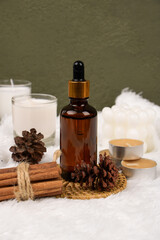 Amber Glass Dropper Bottle with Natural Decor and Candles – Elegant Skincare Product Photography