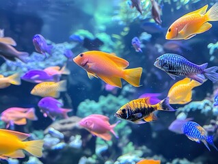 Fototapeta premium colorful fish swimming in a vibrant underwater environment, showcasing the beauty of marine life against a backdrop of blue and green waters, full of energy and movement