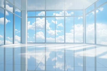 Modern office space with large windows showcasing a bright blue sky and white clouds.  The room is filled with natural light, creating a sense of openness and tranquility.
