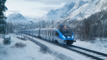 Dashing through the snowy mountains aboard a sleek silver and blue express train amidst breathtaking winter landscapes