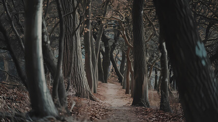 Obraz premium Serene forest pathway flanked by tall trees, surrounded by earthy tones and fallen leaves, inviting exploration into nature's tranquil beauty.