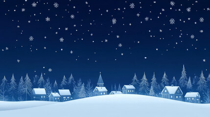 serene winter village under starry night sky, with snowflakes gently falling, creates festive and cozy atmosphere.