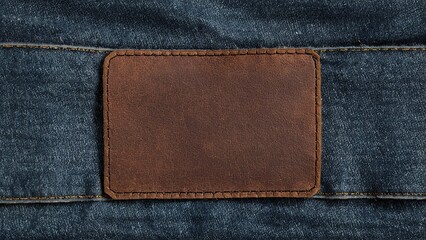 Close-up of brown leather label on dark blue jeans, ideal for branding