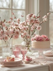 Naklejka premium Elegant dessert table with layered cake and pink roses, surrounded by cherry blossom branches and delicate glassware in sunlight