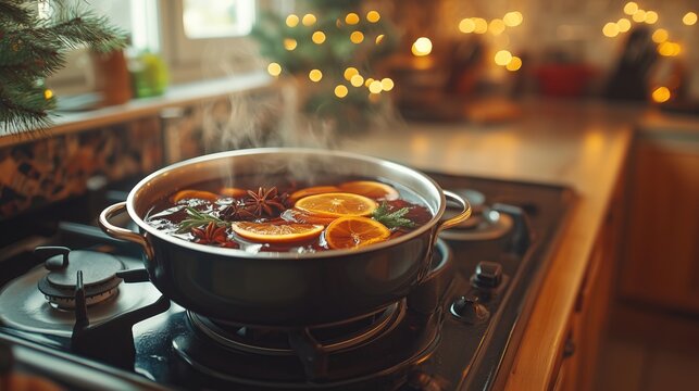 A rustic kitchen scene with a pot of mulled wine simmering on the stove