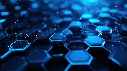 Obraz premium A futuristic hexagonal pattern with glowing blue accents and particles, evoking technology.