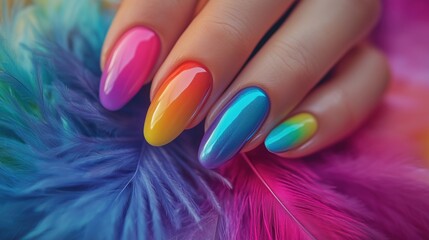 Glamour woman hand with luxury rainbow color nail polish manicure