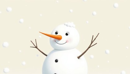 Obraz premium Delightful snowman with a carrot nose, cheerful mood, against a light beige background