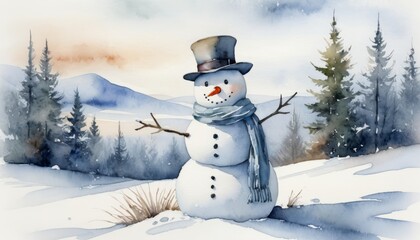 Obraz premium Elegant snowman with a top hat and scarf, festive mood, in a snowy mountain landscape