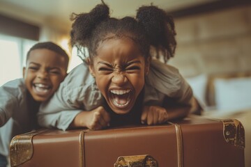 Two cheerful african american children playing on a suitcase, ready for vacation