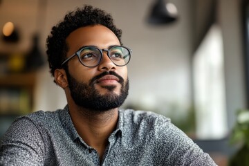 Obraz premium A thoughtful young man with glasses is sitting in a modern cafe, looking up with a contemplative expression, symbolizing ideas, inspiration, ambition, goals, and future planning.