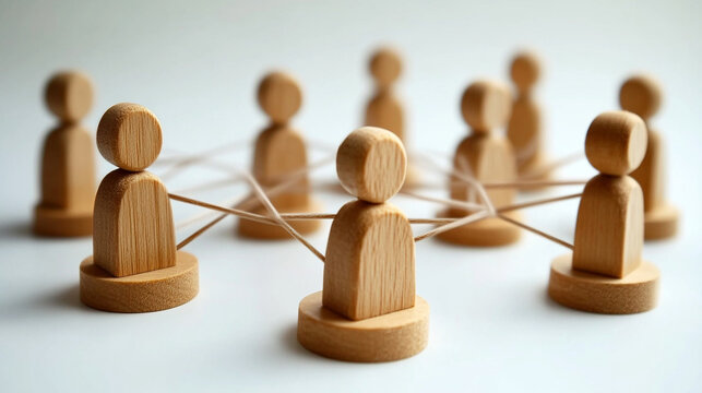 Wooden figurines representing social connections and networking in a collaborative environment