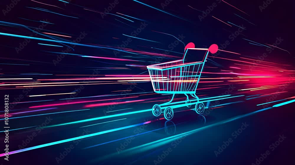 Poster a glowing grocery cart races through a visually stunning neon landscape filled with vibrant colors a