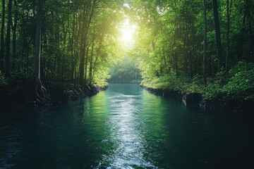 Obraz premium Sunlight piercing through lush green mangrove forest illuminating tranquil river