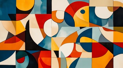 Fototapeta premium Abstract geometric art with bold shapes and colors featuring circles, rectangles, and curves creating a dynamic visual impact