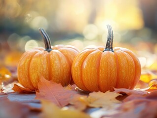 charming fall scene with plump orange pumpkins nestled among vibrant autumn leaves on a light surface. the composition radiates warmth and seasonal joy, ideal for festive decor and imagery