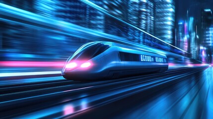 Fototapeta premium Futuristic blue bullet train speeds through a vibrant cityscape at daytime near ultra-modern buildings