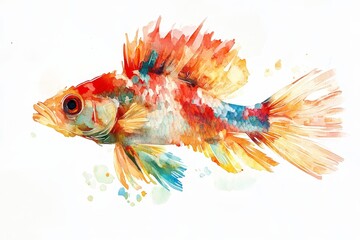Fototapeta premium A colorful watercolor painting of a fish with vibrant red, orange, yellow, and blue colors, on a white background. This image evokes a sense of beauty, nature, tranquility, and the underwater world.