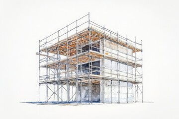 Fototapeta premium A gentle watercolor depiction of a building under construction, emphasizing the steel beams and scaffolding framework, isolated on a clean white background with ample copy space, capturing the early 